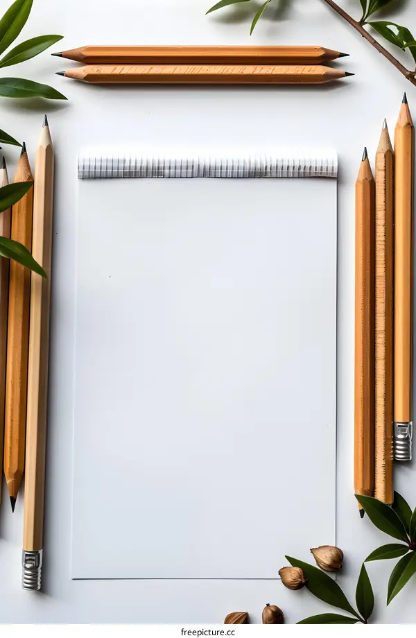 Blank notebook and sharpened pencils on white background