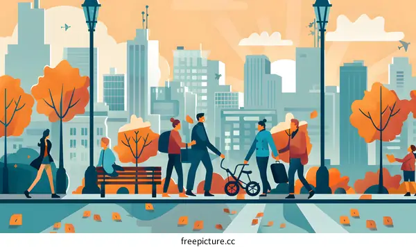 Autumn in the City, People Walking on a Sunny Day