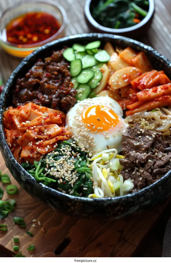 Korean Bibimbap with Egg, Cucumber, Kimchi & Beef