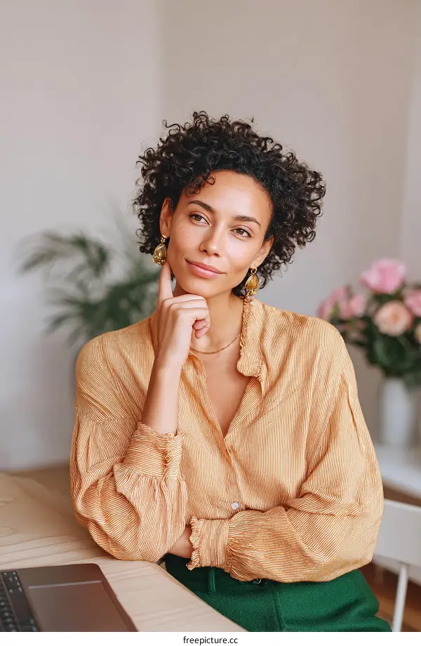 Thoughtful Woman in a Light Beige Shirt