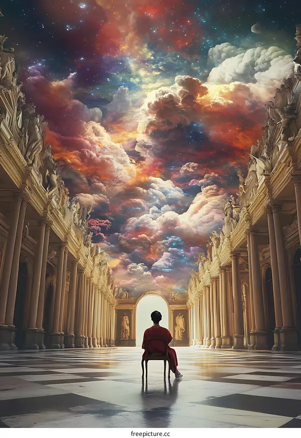 Woman Sitting in Hallway With Celestial Ceiling