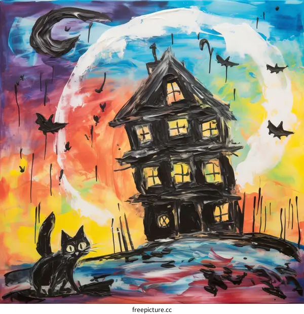 Haunted House with Black Cat and Bats Flying Around Under a Full Moon