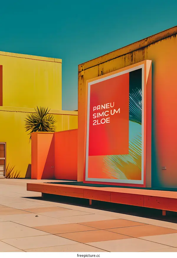 Minimalist Architecture with Colorful Walls and a Large Framed Artwork