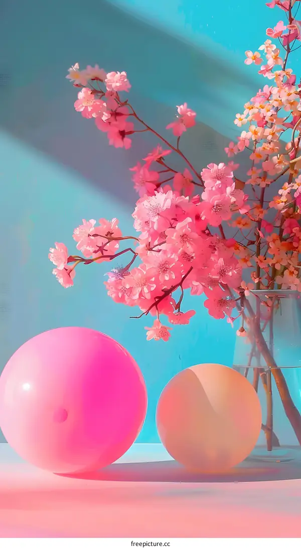 Pink Balloons and Cherry Blossoms on a Blue Background