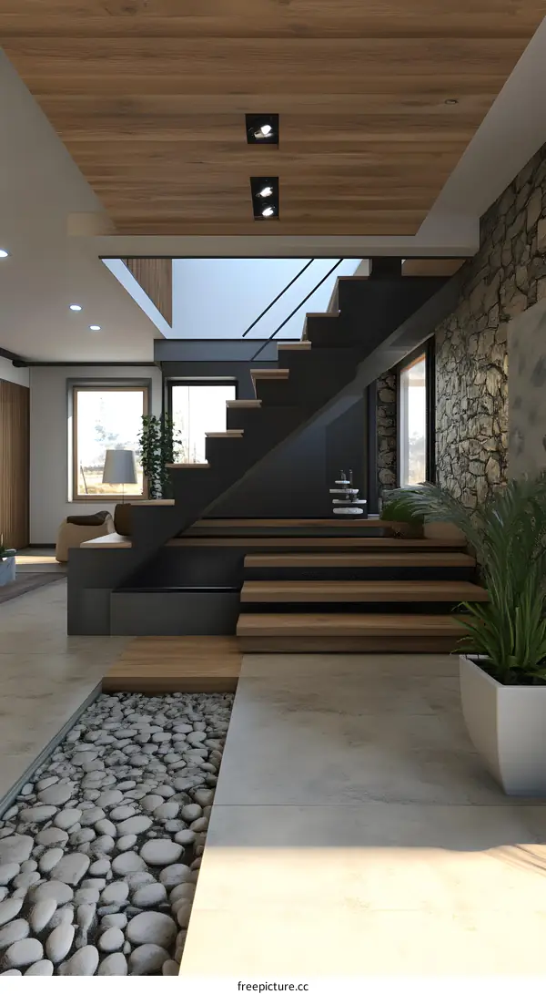 Modern Interior Design with Stairs and Stone Wall