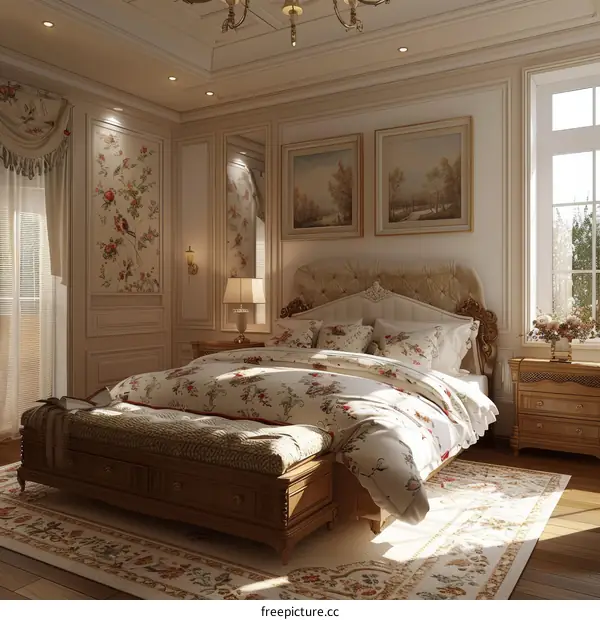 Spacious European-Style Bedroom Interior with Bright Airy Decor