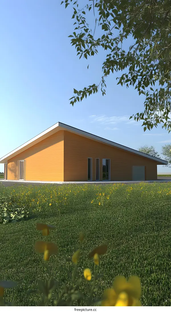 Modern House with Yellow Walls and Green Grass