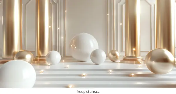 3d rendering of spheres in a white and gold room