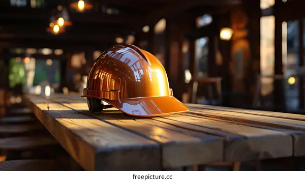 Orange Hardhat on Wooden Table