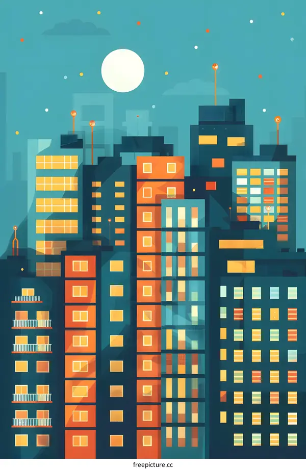 Night Cityscape with Buildings and Moon