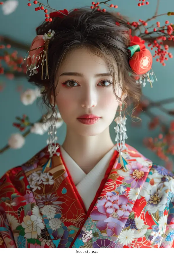 Portrait of a beautiful Japanese woman in traditional kimono