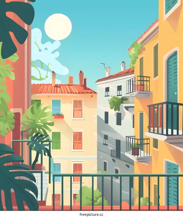 Sunny Day View from Balcony of Colorful European Buildings