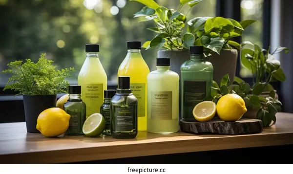 green cleaning products with lemons and plants