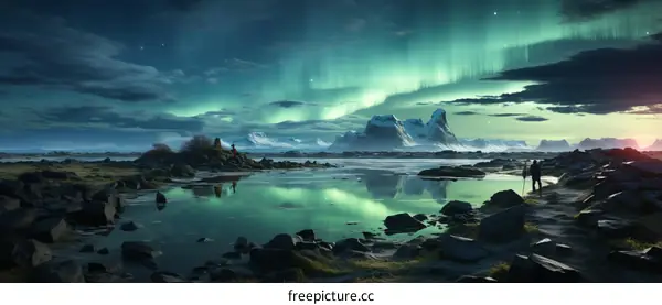 Aurora borealis landscape with mountains and lake under starry sky
