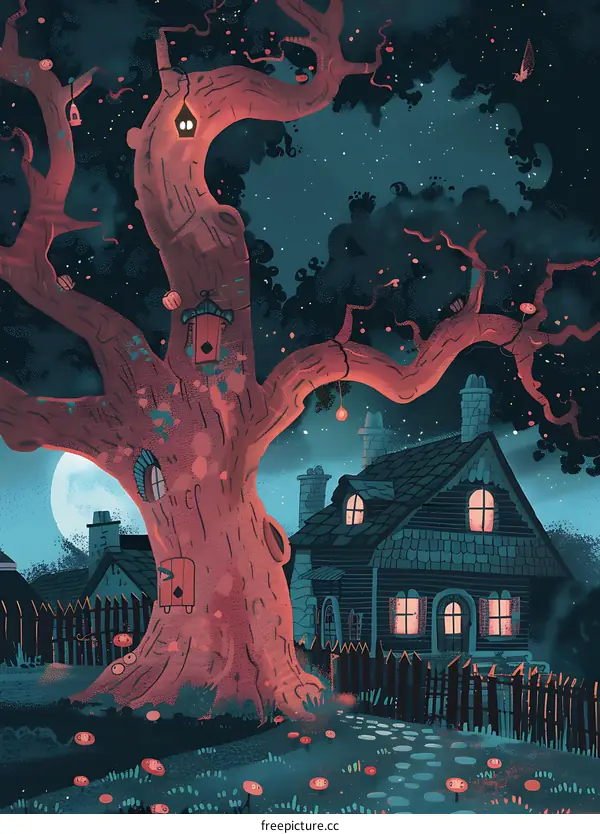 Nighttime Illustration of a Big Tree with a House in the Backyard
