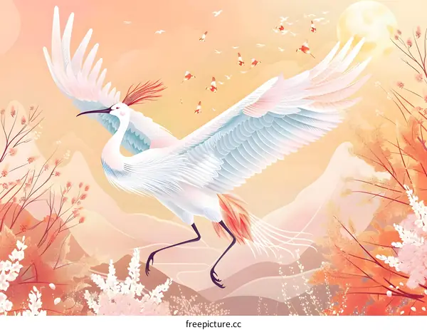 White Crane Flying Over Mountains and Flowers