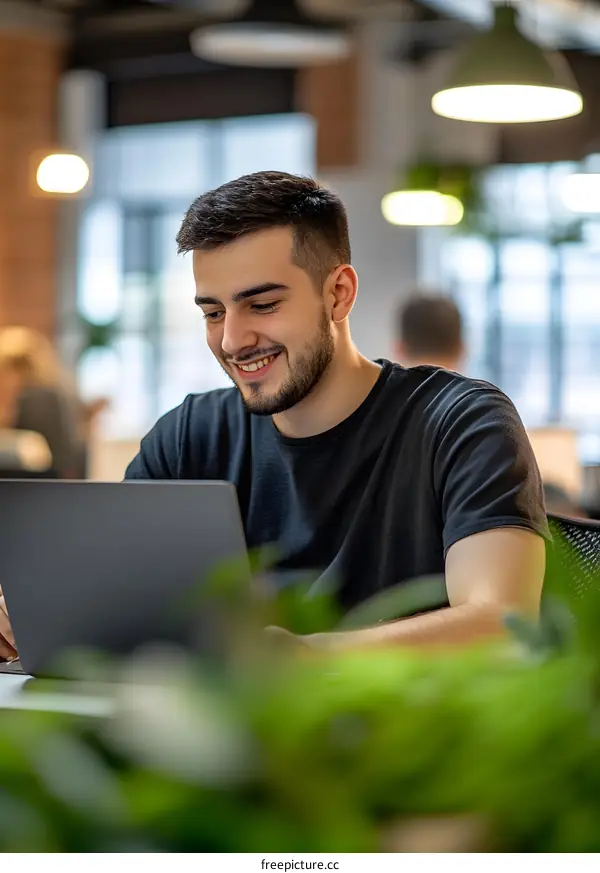 Smiling Man Working on Laptop in Modern Office