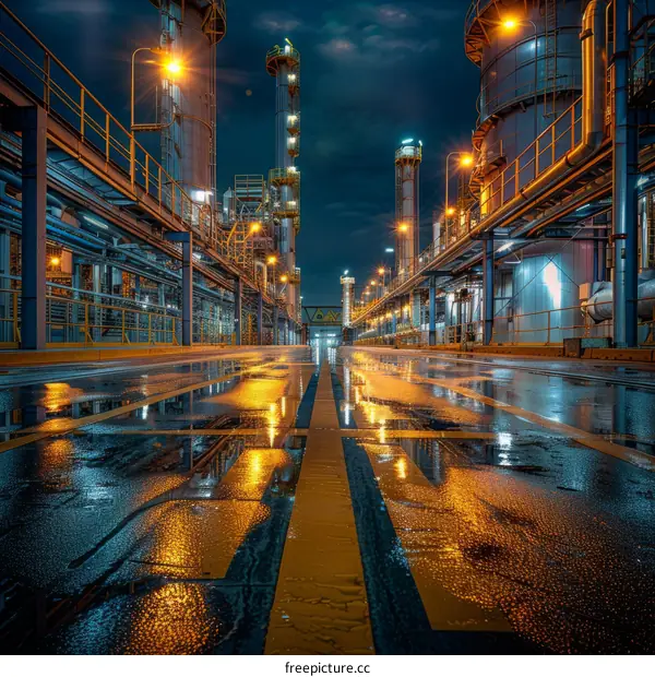 Oil Refinery Industrial Plant at Night with Rain