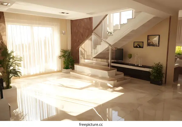 Modern Staircase Design with Glass Railing in a Luxurious Living Room
