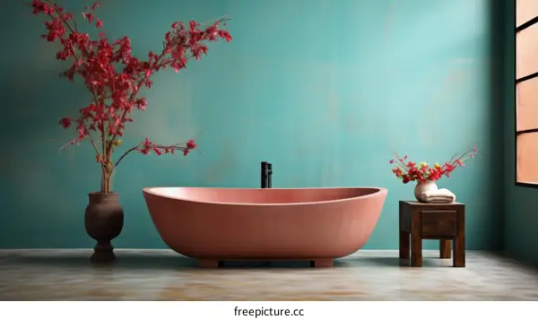 Freestanding Red Stone Bathtub with Glossy Interior