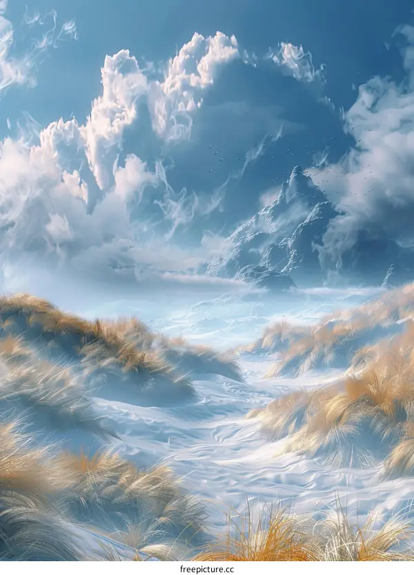 Surreal Winter Landscape With Snowy Dunes and Mountain