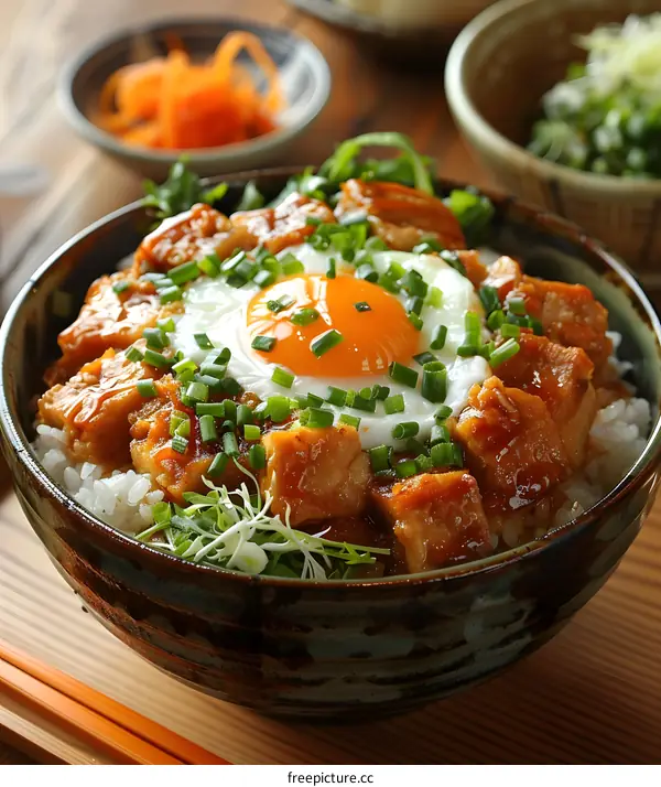 Japanese Rice Bowl with Fried Egg and Meat