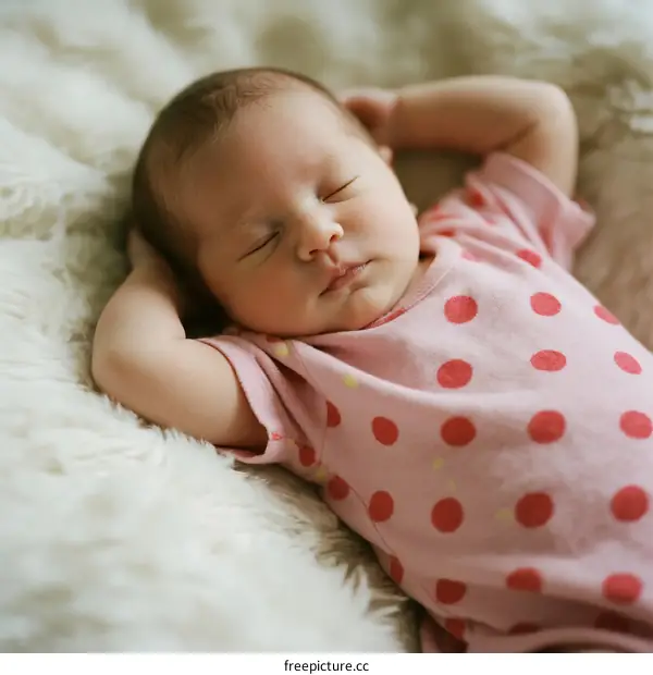 A Sleeping Newborn Baby Wearing Pink Polka Dot Onesie