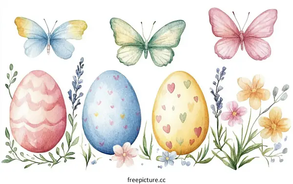 Easter Eggs and Butterflies Watercolor Illustration
