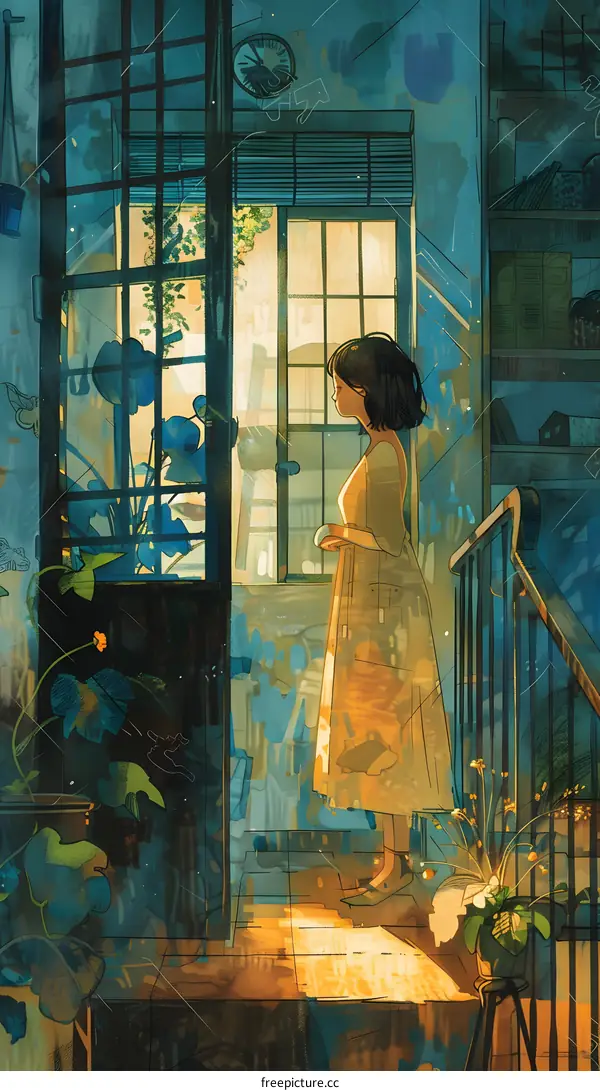 A girl is standing by the window, holding a book in her hands