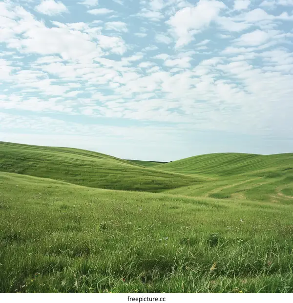 Rolling Green Hills with Blue Sky and White Clouds