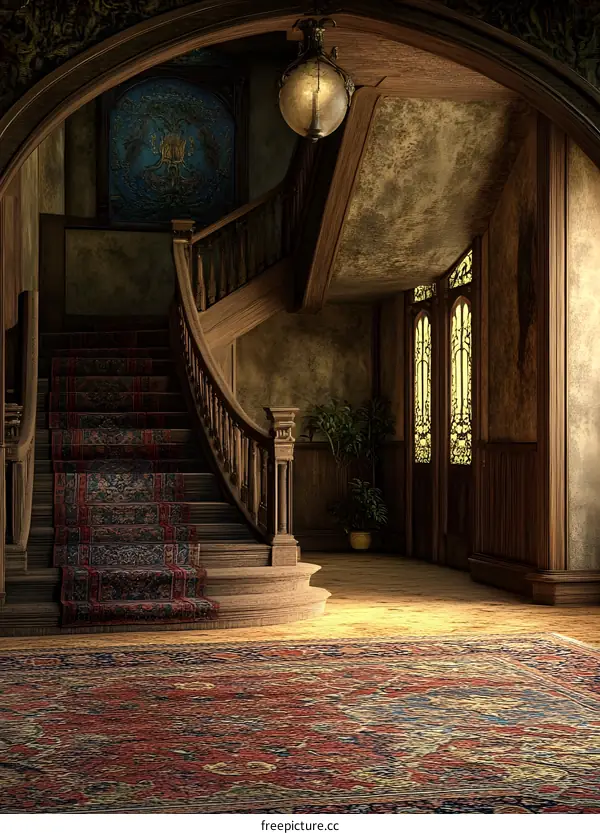 Vintage Wooden Staircase with Red Carpet