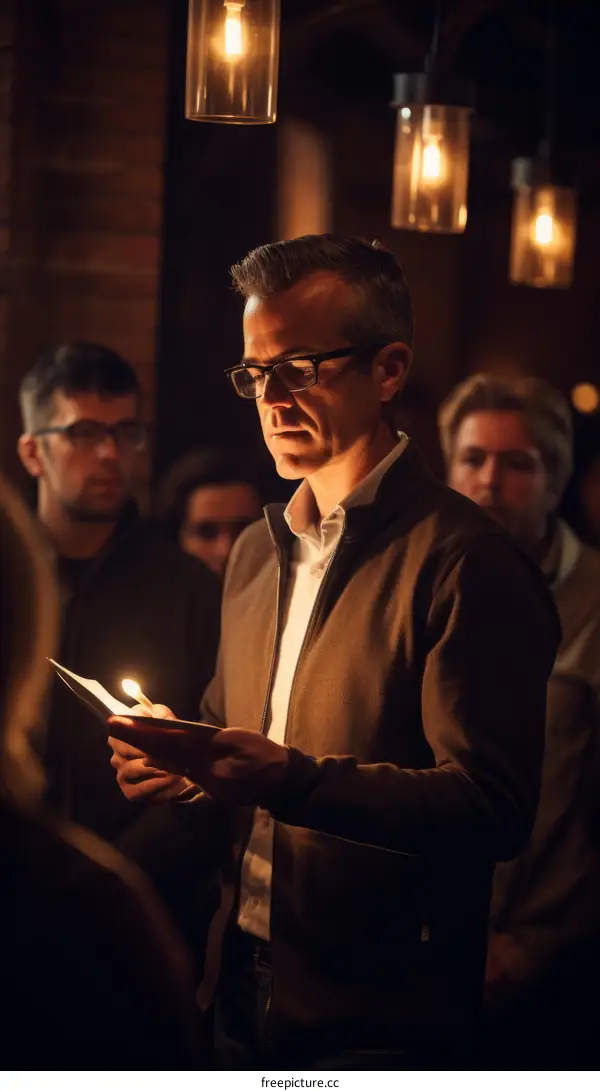 Man in glasses reading a paper in a dimly lit room