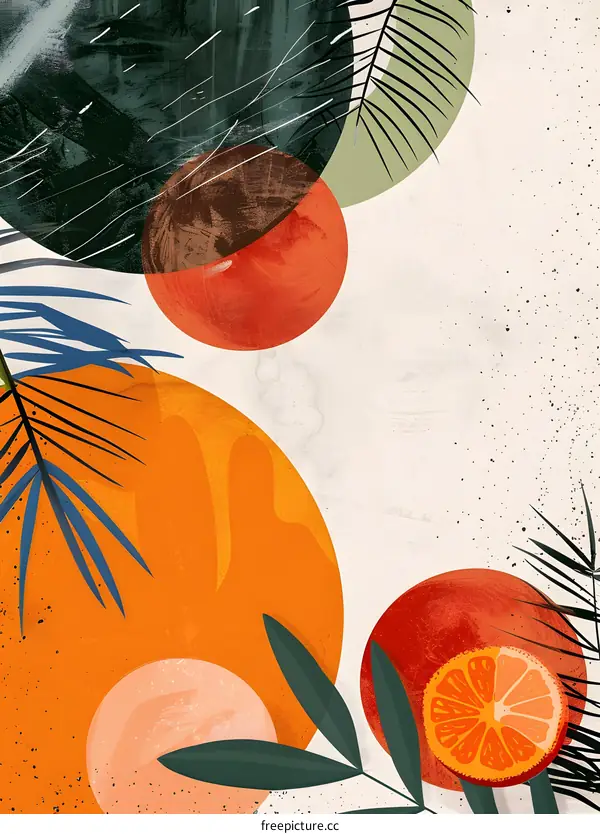 Abstract Orange Tropical Illustration with Palm Leaves