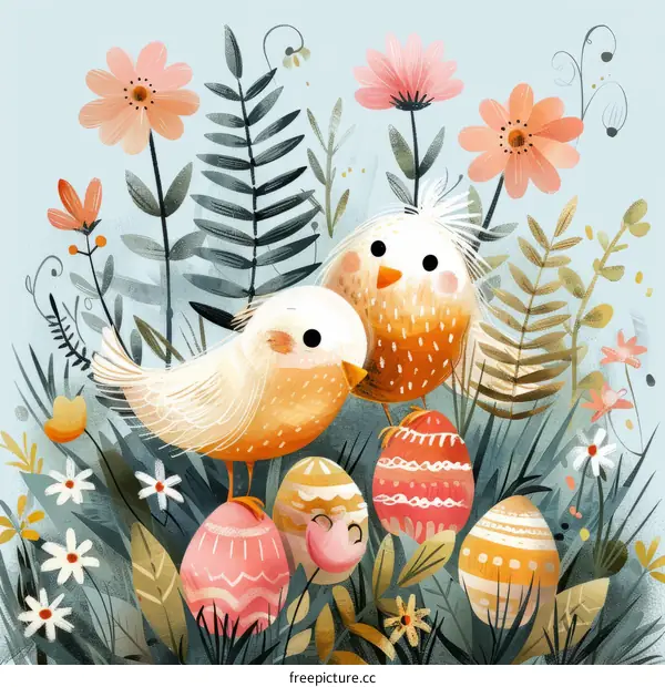 Two Little Birds with Easter Eggs