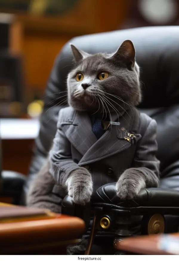 gray cat wearing suit sitting in leather chair