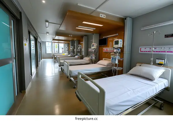 Hospital Ward Interior with Beds and Medical Equipment