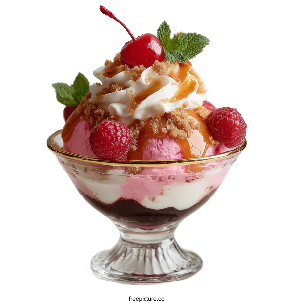[Transparent Background PNG]Delicious Mixed Berry Sundae with Whipped Cream and Cherry