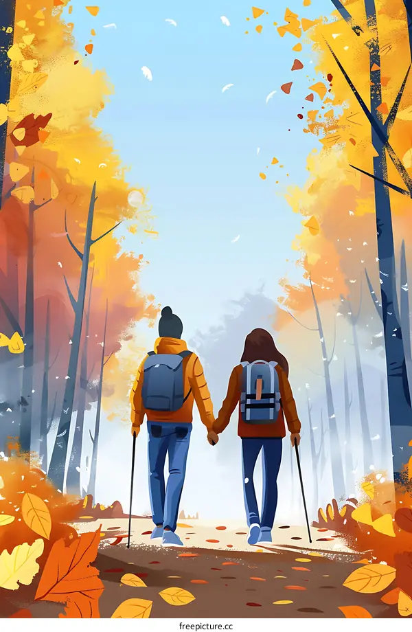 Couple Hiking Through Autumn Forest