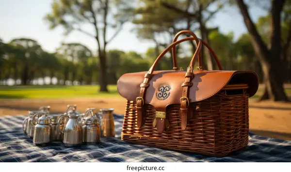 Wicker picnic basket with leather straps and silver teapots on a blue checkered tablecloth with trees in the background