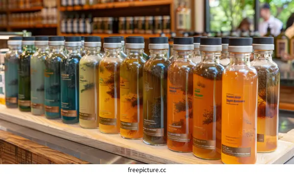 Colorful bottles of kombucha with various flavors