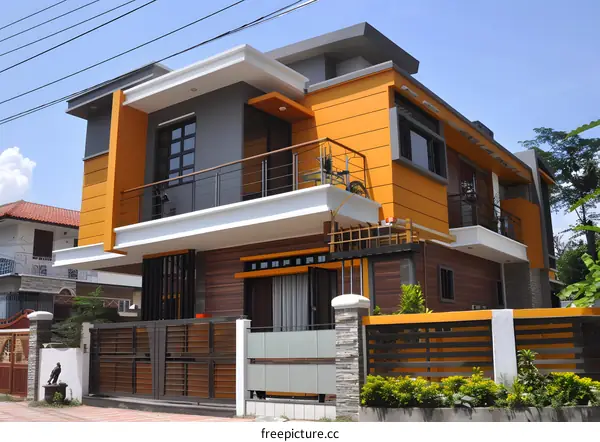 Modern Two-Story House with Orange and Gray Facade