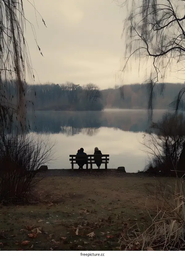 Three People Sitting On Bench By Lake