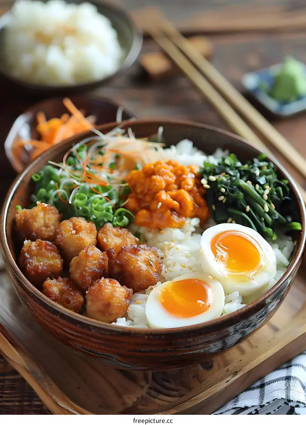 A delicious and healthy Japanese meal with rice, chicken, vegetables and egg