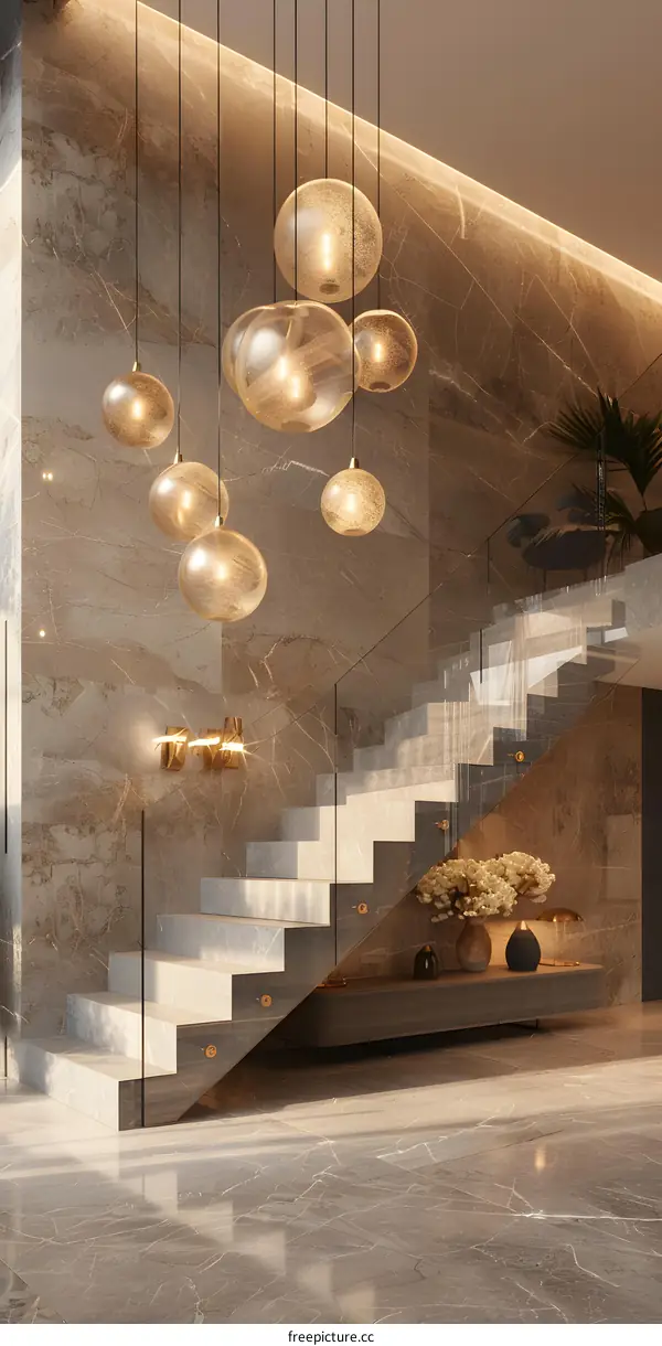 Staircase with glass and wood handrail and marble wall