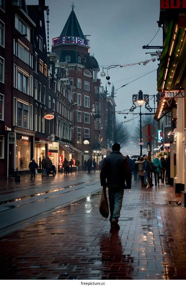 Rainy Night in the City with People Walking on the Street