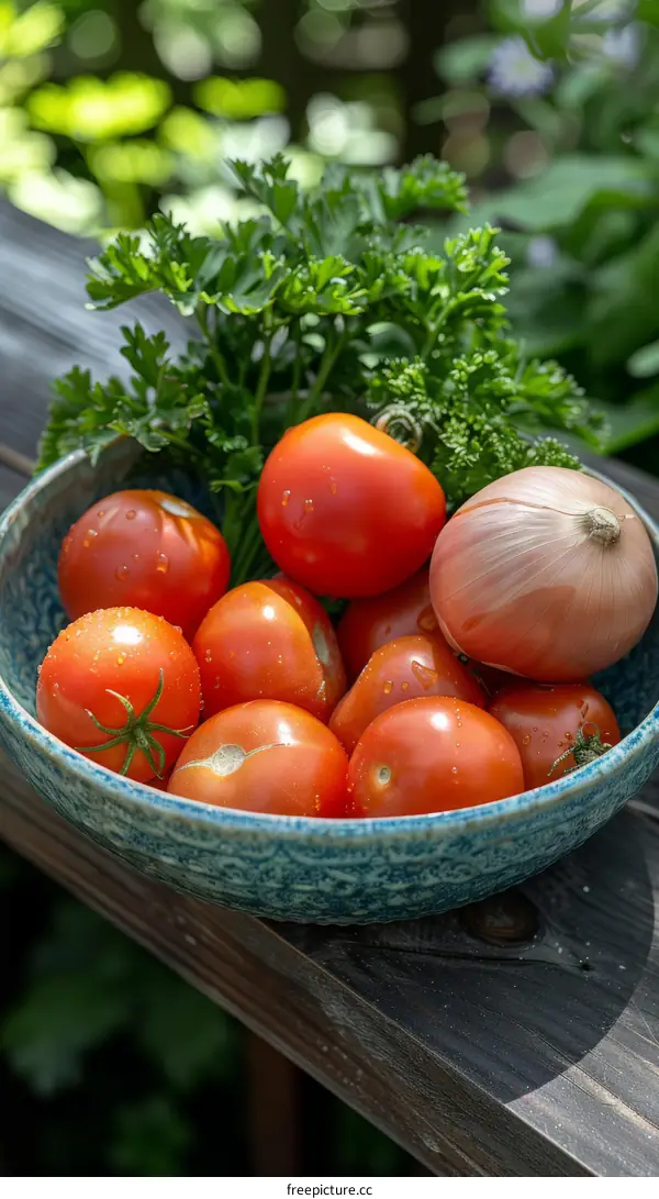 Fresh Tomatoes and Onions with Parsley on Wooden Table