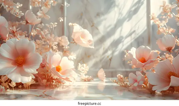 Light pink flowers against a marble textured background