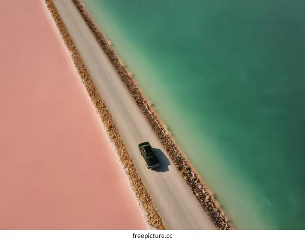 Aerial View of a Road Through Colorful Salt Lakes