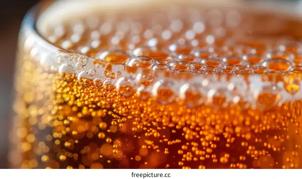 Close-up of bubbles in a glass of amber beer