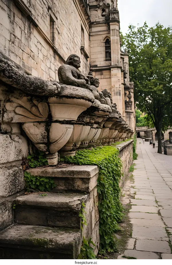 Stone Gargoyles and Ivy Covered Wall at the Foot of a Large Building